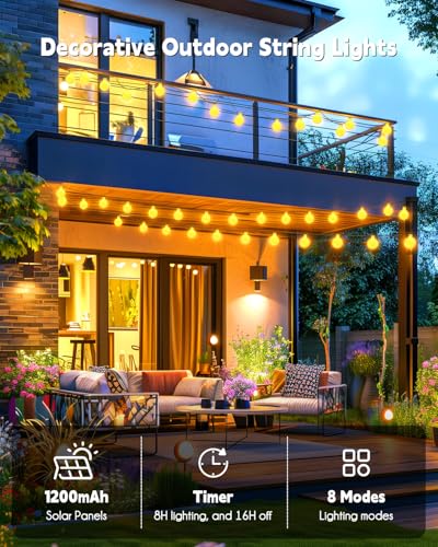 Brightown Solar String Lights Outdoor Waterproof, 19.6Ft 60 LED Globe Solar Patio Lights, 8 Modes Balcony Lights for Yard Patio Tree Canopy Party Camping Balcony - color: Warm White, size: 60 LED-Globe