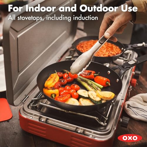 OXO Outdoor Pre-Seasoned Carbon Steel 12" Frying Pan Skillet, Detachable Handle for Easy Storage, Indoor Use, Nonstick with Use, Induction Suitable,Oven & Broiler Safe,Browning, Grill,Sear,Saute,Black - size: 12" Frying Pan Skillet Set