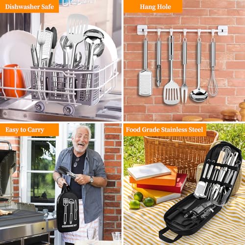 Camping Cooking Utensils Set, Stainless Steel Grill Tools, Camping BBQ Cookware Gear and Equipment for Travel Tenting RV Van Picnic Portable Kitchen Essentials Accessories - color: Black-28 PCS