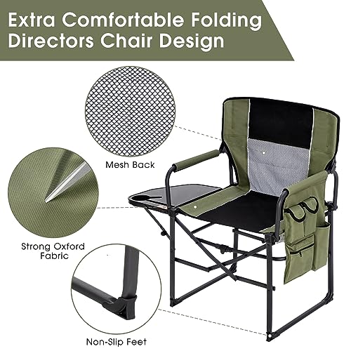 Wide Folding Director Chair with Table, Outdoor Camping Chair for Adults with Cup Holder Load 330 Lbs, Portable Lightweight Chair for Outside with Carry Bag for Patio, Green-2Pack - color: Director Green-2pack
