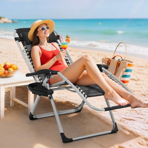 Magshion Zero Gravity Chair with Cushion, Reclining Outdoor Patio Lounge Chair, Folding Indoor Anti Gravity Recliner, Portable Lounger with Removable Cup Holder Side Tray and Pillow Headrest (Black) - color: Black