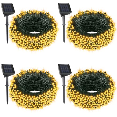 4 Pack Solar String Lights, Total 132Ft 400 LED Solar Powered Twinkle String Lights Waterproof with 8 Lighting Modes Green Wire for Patio Garden Party Yard Wedding Decors (Warm White) - color: Warm White