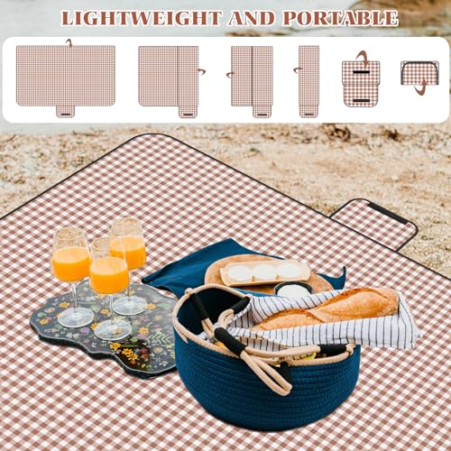 Picnic Blanket Waterproof Beach Rug 80''x80'' Picnic Mat Washable Lightweight with Handle Coffee Checkered for Hiking Travelling Outdoor Camping,Parks - color: Coffee, size: 6'8" x 6'8"