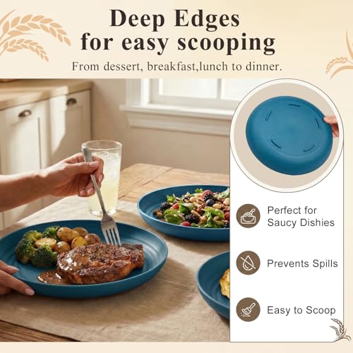 Deep Dinner Plates 11 Inch, Plastic Plates Reusable, Unbreakable Wheat Straw Plates Set of 8, Microwave and Dishwasher Safe Big Plate for Steak, Chicken, Casserole - Blue - color: Blue, size: 11 Inch
