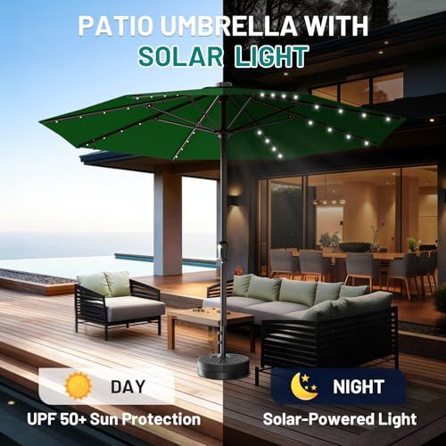 AreShark 11FT Large Patio Umbrella with Solar Lights, Lighted Solar Umbrella with Crank, Outdoor Table Market Umbrellas for Garden, Deck, Backyard, Pool and Beach, Dark Green - color: Dark Green, size: 11 Ft