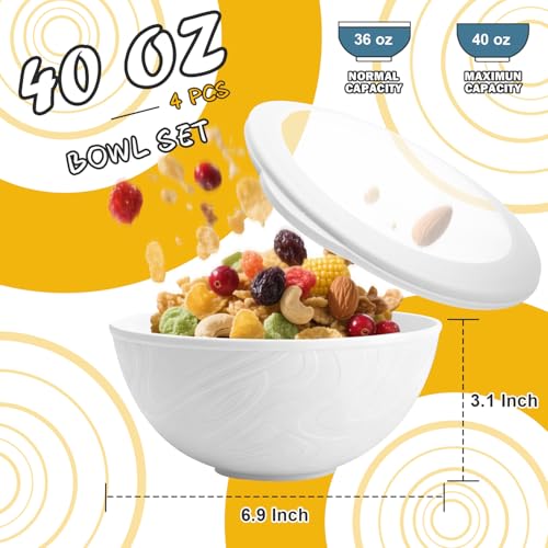 Wheat Straw Bowls Set 40 OZ, Unbreakable Bowls with Dust-Proof Lids Set of 4, Microwave & Dishwasher Safe, Alternative Reusable Plastic Bowl for Cereal, Soup, Salad and Ramen, White - color: White, size: 40 Oz With Lid