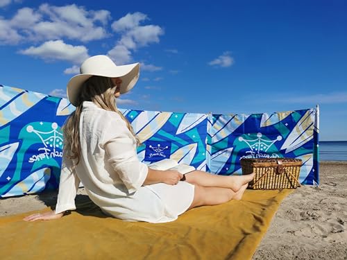 Premium 20 ft Beach Windscreen, Privacy Screen, Wind Blocker Free Rubber Mallet and Carry Bag Included (Surfs Up) - color: Surfs Up