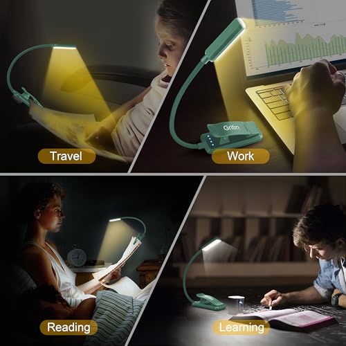 Gritin 9 LED Rechargeable Book Light for Reading in Bed - Eye Caring 3 Color Temperatures,Stepless Dimming Brightness,80 Hrs Runtime Small Lightweight Clip On Book Reading Light for Studying-Green - color: Green