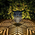 Hanging Owl Solar Lantern, Outdoor Waterproof Metal Solar Lights with Palm Leaf Shadow, Decorative Garden Lanterns for Yard Art Patio Decor, Whimsical Gifts for Women, Black