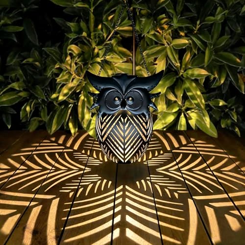 Hanging Owl Solar Lantern, Outdoor Waterproof Metal Solar Lights with Palm Leaf Shadow, Decorative Garden Lanterns for Yard Art Patio Decor, Whimsical Gifts for Women, Black