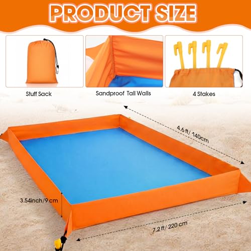 Qunclay Oversize Large Sandproof Beach Blanket 7.2 x 4.6 ft Outdoor Playpen Mat with 3.5" Tall Walls Waterproof Sand Free Picnic Sheet with Stakes & Storage Bag for Family, Beach Camping Essentials