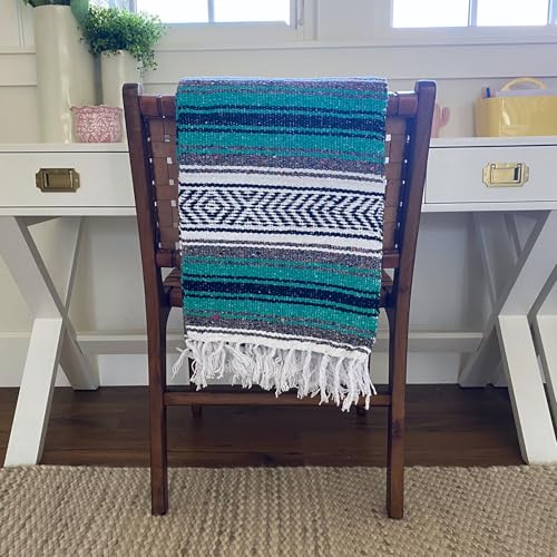 Del Mex Classic Mexican Blanket, Large Authentic Woven Falsa Throw (70"x50"), Artisan Southwest Décor for Beach, Yoga, Outdoors (Teal) - color: Teal