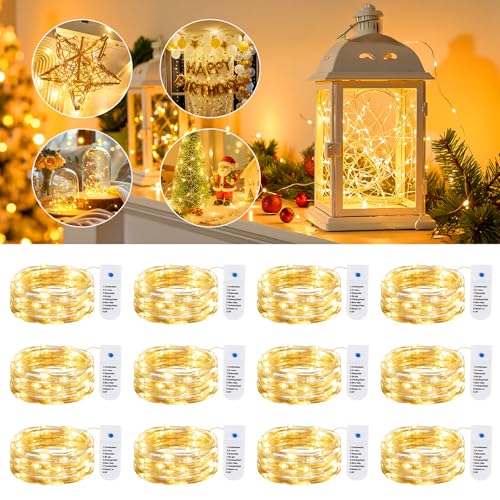 Minetom 12 Pack Fairy Lights Battery Operated String Lights 8 Modes, 7ft 20LED Warm White Waterproof Silver Wire Twinkle Lights, Firefly Starry Moon Lights for Mason Jars DIY Christmas Wedding Party - color: Warm White, size: 12 Pack