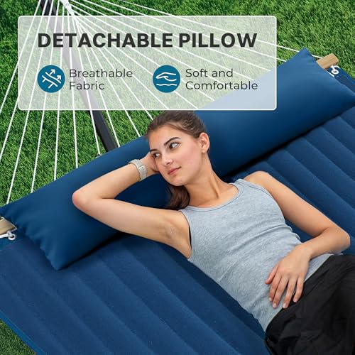SUPERJARE Hammock with Stand, 2 Person Quilted Outdoor Hammock, Detachable Pillow & Bamboo Spreaders, Portable Hammock with Carrying Bag, Heavy Duty Stand, Perfect for Outside, Patio, Navy Blue - color: Navy Blue, size: 62.9"W × 78.7''D × 43.3''H