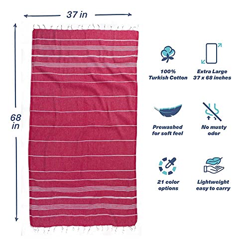 Hencely Turkish Beach Towel 37x68 Oversized, Sand-Free, Quick-Dry, Lightweight - Travel Essential for Pool & Bath - Striped 100% Cotton Bathroom Towels Accessories Gift (Red) - color: Red