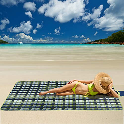 Picnic Blanket Beach Mat Extra Large Sandproof Waterproof Camping Blanket Portable Travel Blanket Play Mat for Outdoor Indoor Family Women Men Kids Beach BBQ Park Grass, 79"x57" - color: Green Grid