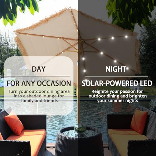 GDY 7.5 ft Tiki Patio Umbrella, Hula Thatched Umbrella with18 LED Sloar Ligths, Pool, Patio, Beach - color: Thatch+18 Lights, size: Umbrella Only