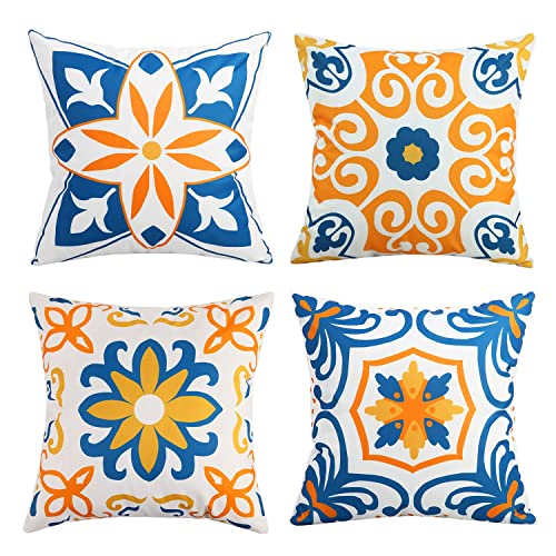 Pyonic Outdoor Pillow Covers 16x16 Spring Summer Garden Waterproof Throw Pillow Covers Cushion Case Patio Pillows for Couch Tent,Set of 4 Yellow and Blue - color: Yellow, size: 16" x 16" (Pack of 4)
