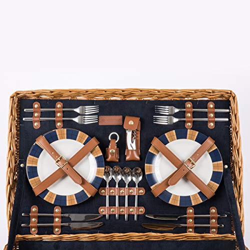 PICNIC TIME - Windsor Luxury Picnic Basket for 4 - Large Wicker Picnic Basket - Deluxe Picnic Set 4, (Navy Blue)