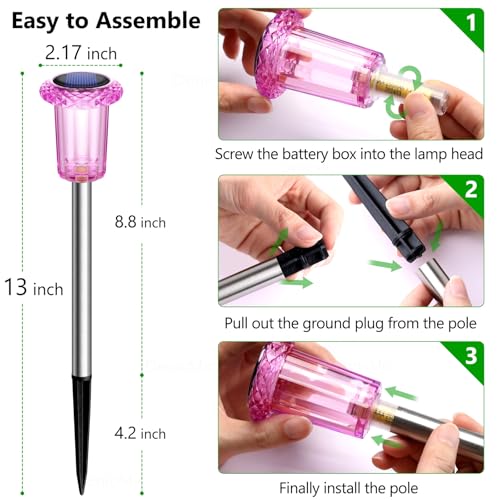DenicMic Solar Lights Outdoor 10 Pack Waterproof Pink LED Stainless Steel Stake Outside Lights for Yard Pathway Garden Driveway Walkway Landscape Path Lighting Mothers Day Gifts for Mom - color: Pink 10Pack
