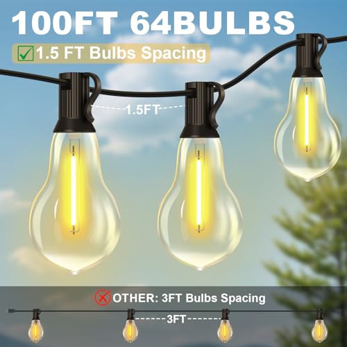 100FT Outdoor String Lights Waterproof with 64+4 Bulbs (1.5FT Bulbs Spacing), Remote & Dimmer, Commercial Patio String Lights with 3 Mode Light & Timing, 100PC Mounting Ties for Outside - size: 100ft With Remote