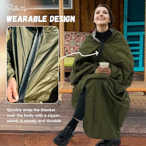Wearable Warm Camping Blanket Waterproof Windproof Zipper Wear Quilted Fleece Stadium Blanket with Portable Bag for Outdoor Camping Picnic Sports Pet Beach Travel Car 79x55 inches Olive Green - color: Olive Green
