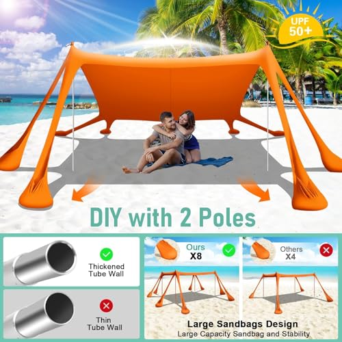 Beach Tent Sun Shelter Beach Canopy Tent Sun Shade Pop Up 10x10 UPF50+ with 8 Sandbags-2 Sand Shovel-Portable 4 Aluminum Poles-Ground Pegs-Easy Setup for Outdoor Family Camping Fishing Picnic - color: Orange
