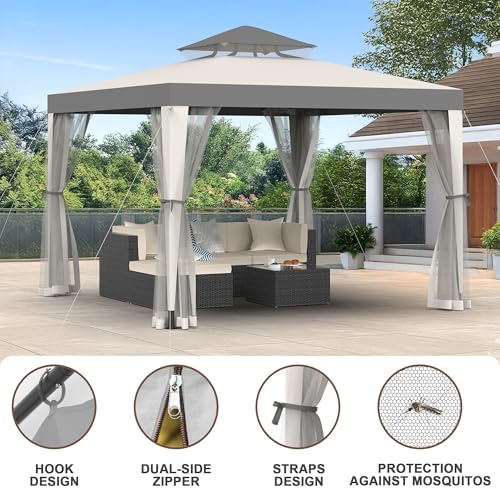 Gazebo, 10'x10' Patio Gazebo Outdoor Waterproof Canopy Tent UV-Resistant 2-Tier Top Sturdy Canopy Shelter Tent for Camping with Removable Netting for Garden Patio Backyard (Grey & White, 10' x 10') - color: Grey & White