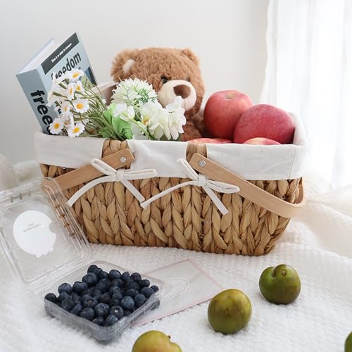 GYASVWU Water Hyacinth Picnic Baskets, Wicker Picnic Basket with Handle, Wicker Bread Basket with Linner, Empty Gift Baskets for Easter, Weddings, Garden and Home Decor (Original)