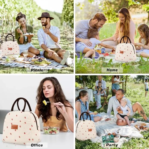 BALORAY Lunch Bag for Women Men Insulated Lunch Box for Adult Reusable Lunch Tote Bag for Work, Picnic or Travel (Corduroy Beige with Strawberry) - color: Corduroy Beige with Strawberry, size: M