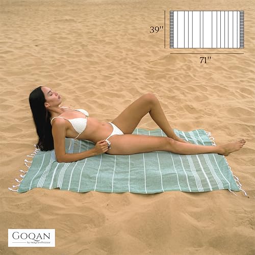 GOQAN Turkish Beach Towel Oversized 39x71 | Thin, Lightweight, 100% Cotton and Sand Free Towel is Suitable for Beach, Bathroom, Pool, Travel & Swim - Tropical G - color: Tropical Green, style: Lucky