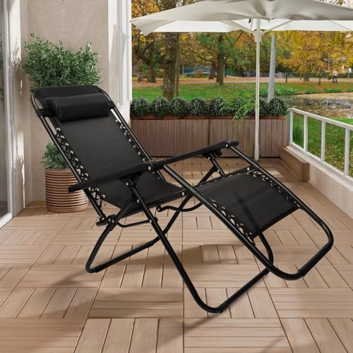 SZHLUX 1 PCS Adjustable Steel Mesh Zero Gravity Lounge Chair Recliners W/Pillows and Cup Holder Trays - Black