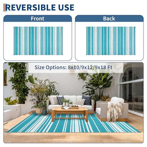 GarveeHome Modern Striped 9x12 Reversible Plastic Straw Outdoor Large Rug Geometric Lines Indoor Outdoor Rugs Stain Portable Outside Carpet for Camping Trailer Backyard Balcony Pool, Light Blue White - color: Geometric Stripes| Teal White, size: 9' x 12'
