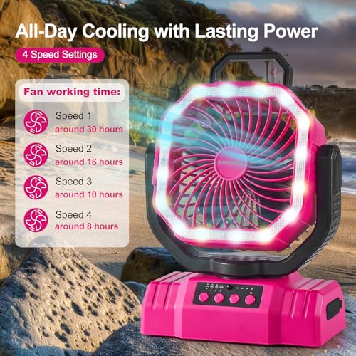 Odoland Portable Camping Fan with LED Lantern, 20000mAh Rechargeable Battery Powered Fan with Auto Oscillation, Timer, Remote, 360° Rotation Hook, 4 Speeds for Power Outage Travel Home, Pink - color: Pink