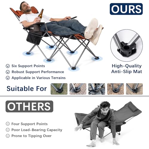 apollo walker Reclining Beach Chair, Adjustable 90-135° Backrest Camping Lounge Chairs for Adults, Folding Chair with Foot Rest & Detachable Pillow - Standard 6-Leg, Orange - color: Orange, style: 6-Leg