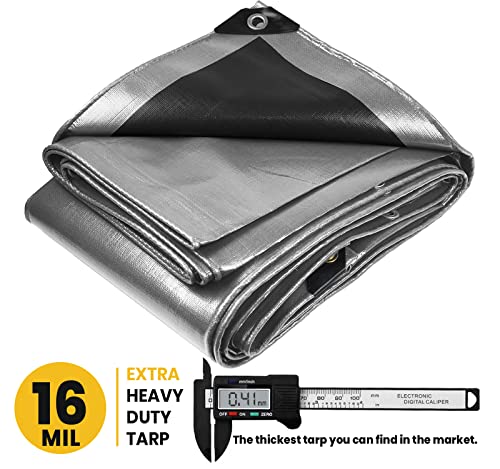 Extra Heavy Duty 16 Mil Tarp Cover, Waterproof, UV Resistant, Rip and Tear Proof, Poly Tarpaulin with Reinforced Edges for Roof, Camping, Patio, Pool, Boat. (Silver/Black 6′ X 8′) - color: Silver/Black-16 Mil, size: 6′ X 8′