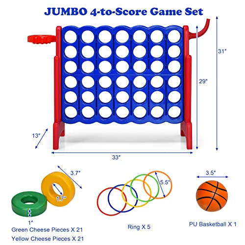 Costzon Giant 4-in-A-Row, Jumbo 4-to-Score Giant Game w/Basketball Hoop, Ring Toss, Quick-Release Slider, 42 Jumbo Rings, Indoor Outdoor Family Connect Game for Kids & Adults, Backyard Games, Red - color: Blue/Red