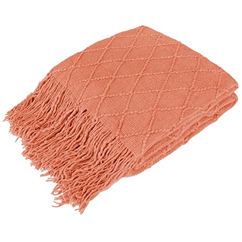 PAVILIA Coral Orange Knit Throw Blanket for Couch, Twin Bed, Soft Knitted Farmhouse Sofa Throw for Living Room, Lightweight Decorative Fall Blanket for Chair, Outdoor Textured Boho Blanket, 60x80 - color: Coral Orange, size: 60 X 80 Inches - Twin