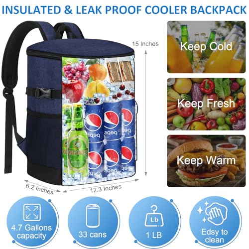 Tenot Cooler Backpack 33/40 Cans Backpack Coolers Insulated Leak Proof Soft Beach Cooler Bag for Men Women Ice Chest Backpack Camping Hiking Picnic Travel Cooler Lunch Backpack - color: Blue, size: 33 Cans