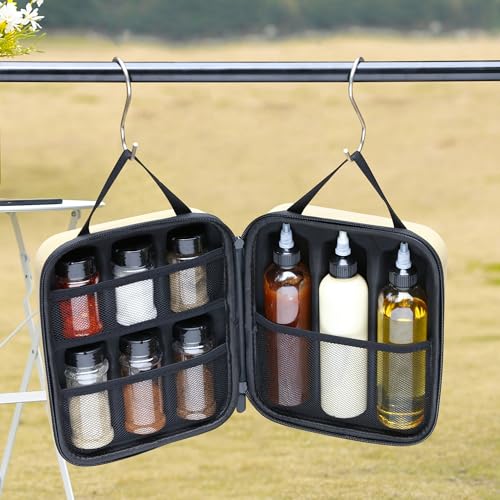 11-Piece Camping Spice Kit - 6 Powder & 3 Liquid Containers with Leakproof Lids, Portable funnel, EVA Hard Case - Portable Seasoning Set for Hiking, BBQ, RV Travel - BPA-Free PET Bottles