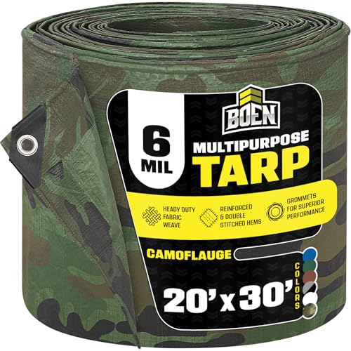 Heavy Duty Tarp Waterproof Large Cover | Camo, 20' x 30' 6 Mil Thick | Rip Proof Tarps | Thick Weave Material, UV Resistant Great for Tarpaulin Canopy Tent, Boat, RV or Pool Cover - color: Camo - 6 Mil, size: 20' x 30'