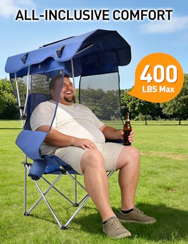 East Oak Oversized Camping Chair with Canopy | 400 LBS Heavy Duty Folding Beach Chair with Canopy Shade, Roomy Seat, Full Sun Protection, Ample Storage | Canopy Chair for Outdoors - color: Blue, style: Oversized Chair