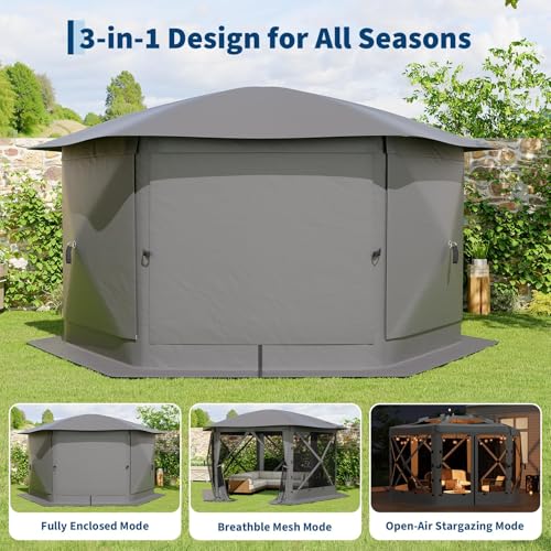 GarveeLife 11.5x11.5FT 6-Sided Pop Up Gazebo Tent，One-Push Setup Canopy Tent with Mesh Panels & Removable Wind Cloths, Outdoor shelter for Camping, Backyard Parties, Outdoor Events - Grey - color: Gray, size: Removable Top - 11.5ft