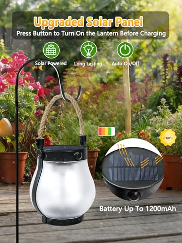 6 Pack Gen2 Solar Lanterns Outdoor Waterproof, Solar Lantern with Dancing Flame, 2 Lighting Modes, Dual Charging USB & Solar, Solar Outdoor Lights with Rope Handle for Camp Garden Tree Tabletop Decor - size: 6 PK
