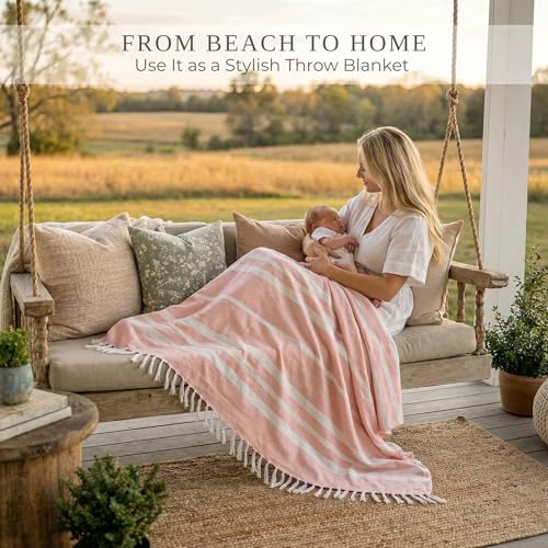 ZICOTO Beautiful Extra Large Beach Blanket with Tassels - Soft Oversized Turkish-Style Beach Towel for Relaxing Beach Days with the Whole Family - Lightweight Quick-Dry Picnic Blanket for Adults - color: Pink