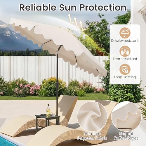 Tangkula 9 FT Solar Patio Umbrella with Base Included, 2-Tiers Outdoor Scalloped Table Umbrella with 32 LED Lights, 2 Sandbags, Tilt Adjustment, Crank, 8 Ribs for Market Backyard Pool Deck Beach Lawn - color: Beige, size: 9 FT