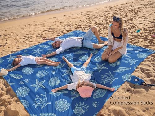 WEKAPO Beach Blanket Waterproof Sandproof Oversized, Extra Large Beach Mat Sand Free, Lightweight & Compact Sand Free Mat with 5 Stakes & 4 Corner Pockets - color: Blue Sea Shells, size: 9 x 8 FT (1～6 person)