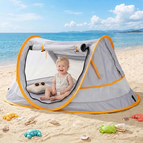 Poray Portable Baby Beach Tent with UPF 50+ Sun Shelter,Mosquito Net and Sunshade, Ideal Pop Up Kids Travel Tent with Carry Bag & 2 Stakes,Outdoor Indoor Play and Sun Protection - style: Vibrant Orange