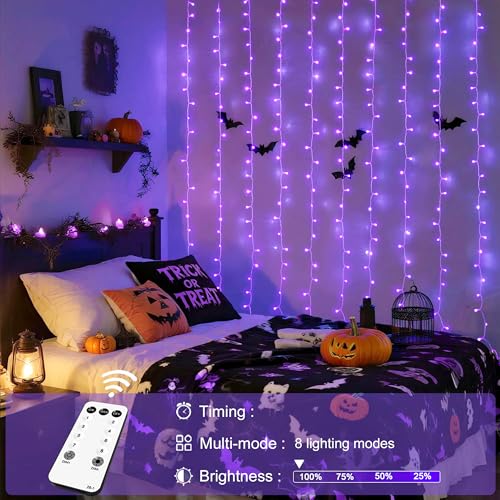 JMEXSUSS 300LED Purple Christmas Lights with Remote, Curtain Hanging Light Plug in, 8 Modes Purple String Lights for Bedroom Window Wall Party Backdrop Halloween Christmas Carnival Decorations - color: Purple, size: 300 LED