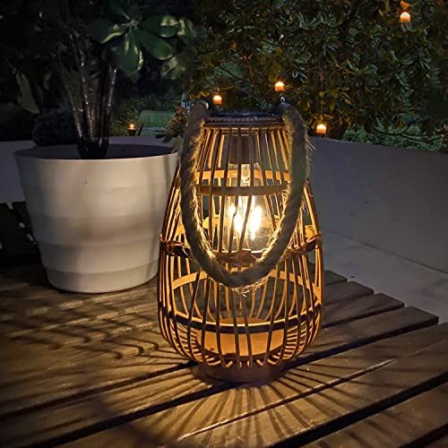 Solar Lantern Outdoor Waterproof Large Rattan Lanterns Decorative Bright Boho Lanterns Lights with Handle Rustic Hanging or Table Lamp for Fence Porch Garden Yard Wedding Decoration - size: Rattan 2